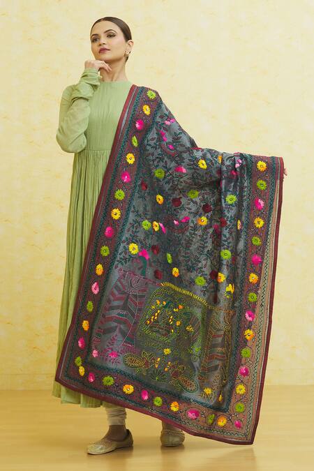 Shop Naintara Bajaj Grey Chanderi Embroidery Phulkari Work Dupatta at Aza Fashions Shop_Naintara Bajaj_Grey Chanderi Embroidery Phulkari Work Dupatta_at_Aza_Fashions