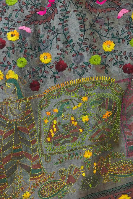 Shop Naintara Bajaj Grey Chanderi Embroidery Phulkari Work Dupatta Online at Aza Fashions Shop_Naintara Bajaj_Grey Chanderi Embroidery Phulkari Work Dupatta_Online_at_Aza_Fashions