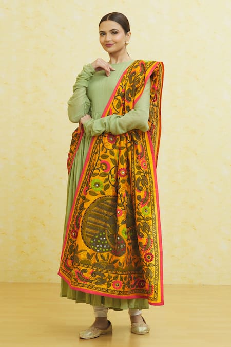 Naintara Bajaj_Orange Chanderi Mirrors Figurine And Botanical Pattern Phulkari Dupatta_Online_at_Aza_Fashions