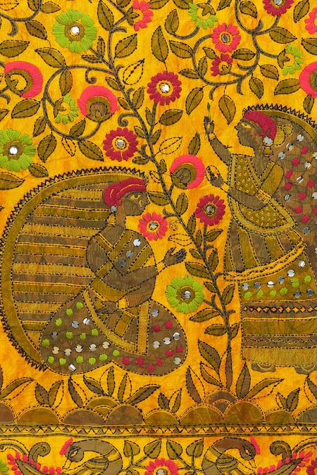 Buy_Naintara Bajaj_Orange Chanderi Mirrors Figurine And Botanical Pattern Phulkari Dupatta_Online_at_Aza_Fashions