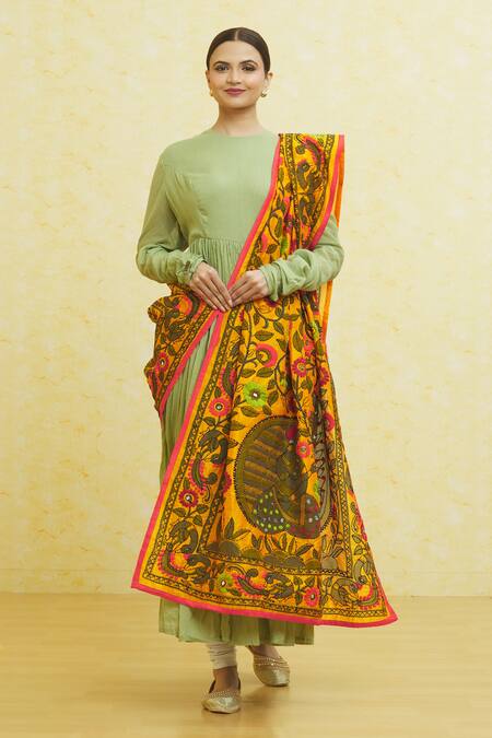 Shop_Naintara Bajaj_Orange Chanderi Mirrors Figurine And Botanical Pattern Phulkari Dupatta_Online_at_Aza_Fashions