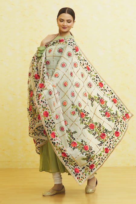 Samyukta Singhania Beige Embroidered Phulkari Gota Embellished Dupatta 