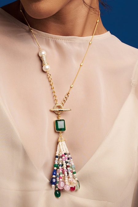 White Kundan Tassel Necklace Set With Big Pearl Drops - AQUASTREET -  4024996 | Big pearl, Necklace set, Pearl drop earrings