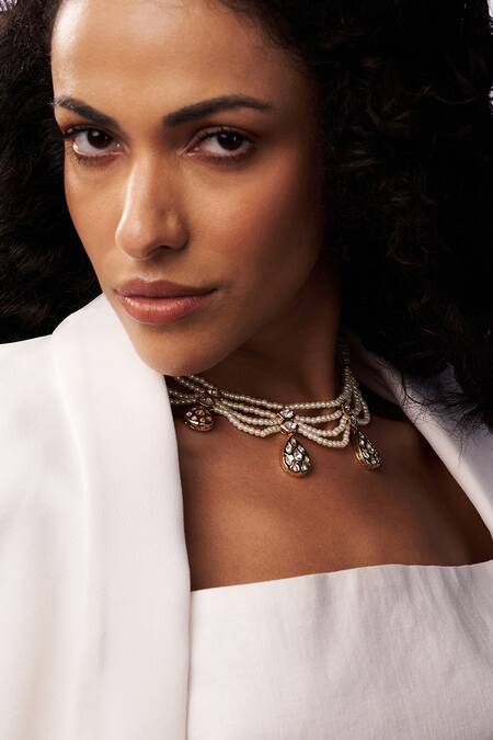 Joules By Radhika White Waves Of Pearl Embellished Necklace Online at Aza Fashions Joules By Radhika_White Waves Of Pearl Embellished Necklace _Online_at_Aza_Fashions