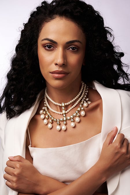 Joules By Radhika White Kundan Polki Embellished Layered Choker Necklace Online at Aza Fashions Joules By Radhika_White Kundan Polki Embellished Layered Choker Necklace_Online_at_Aza_Fashions