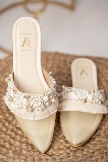 House of Vian Off White Embellished Shell Stap Mules 