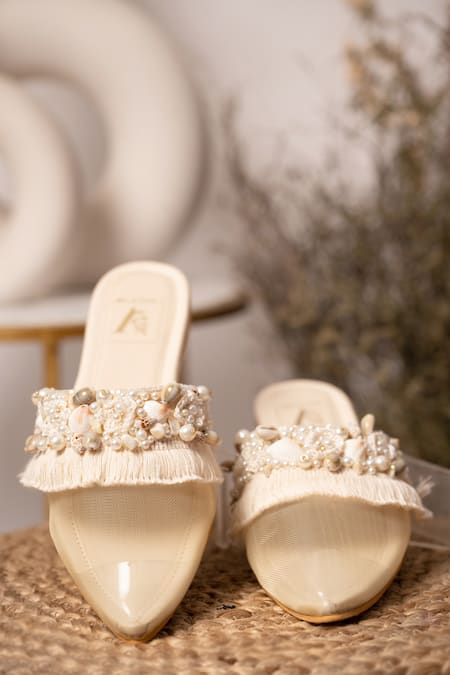 Shop_House Of Vian_Off White Shell Embellished Stap Mules _at_Aza_Fashions