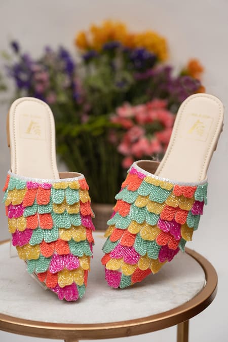 House of Vian Embellished Petal Applique Strap Mules 