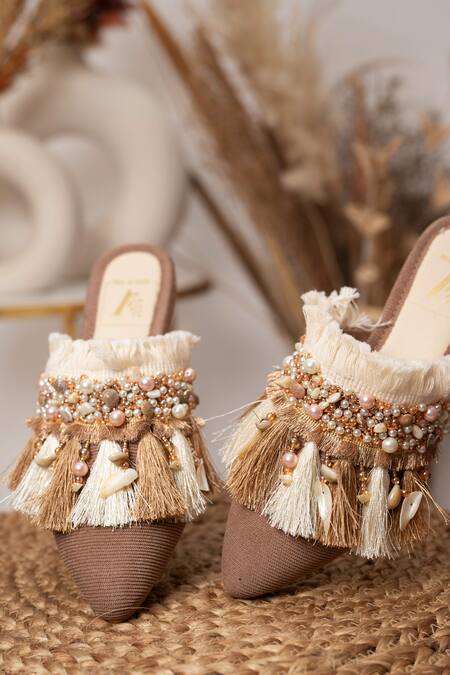 House Of Vian_Brown Pearl Embellished Mules _Online_at_Aza_Fashions