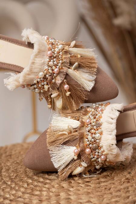 Buy_House Of Vian_Brown Pearl Embellished Mules _Online_at_Aza_Fashions
