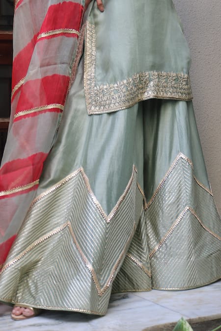 Kyra By Bhavna_Green Organza, Chanderi Embroidery, Gota Patti Kurta Sharara Set _Online_at_Aza_Fashions