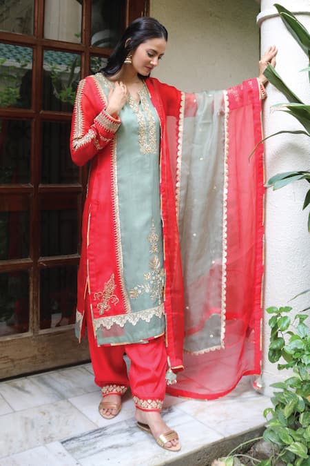 Kyra By Bhavna Red Silk, Organza Sequins, Embroidery, Tassels Collared Gota Kurta Set 