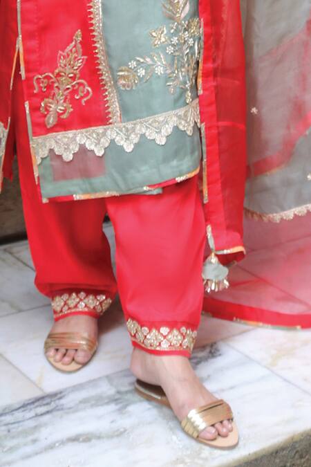 Kyra By Bhavna Red Silk, Organza Sequins, Embroidery, Tassels Collared Gota Kurta Set Online at Aza Fashions Kyra By Bhavna_Red Silk, Organza Sequins, Embroidery, Tassels Collared Gota Kurta Set _Online_at_Aza_Fashions