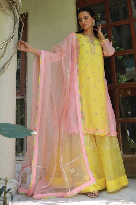 Kyra By Bhavna Pink Silk, Organza Embroidery, Gota Patti Kurta Sharara Set 