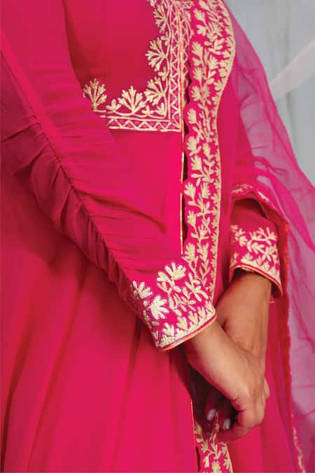 Kyra By Bhavna_Fuchsia Georgette, Chanderi, Net Embroidery, Front Slit Anarkali Lehenga Set _Online_at_Aza_Fashions