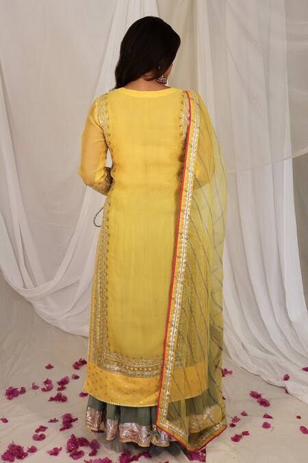 Shop Kyra By Bhavna Yellow Organza, Chanderi, Georgette Embroidery, Mirrors, Gota Kurta Lehenga Set at Aza Fashions Shop_Kyra By Bhavna_Yellow Organza, Chanderi, Georgette Embroidery, Mirrors, Gota Kurta Lehenga Set _at_Aza_Fashions