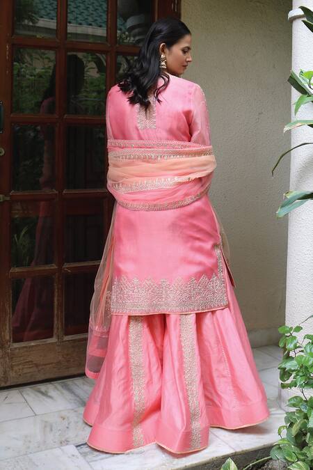 Shop Kyra By Bhavna Pink Organza, Chanderi, Linen Embroidery, Gota Patti Round Kurta Sharara Set at Aza Fashions Shop_Kyra By Bhavna_Pink Organza, Chanderi, Linen Embroidery, Gota Patti Round Kurta Sharara Set _at_Aza_Fashions