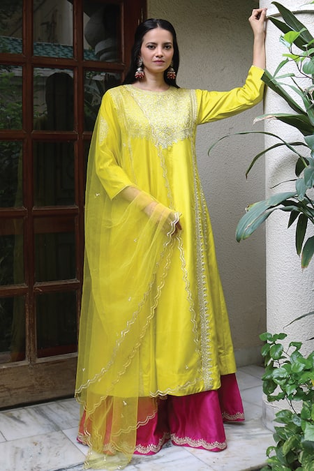 Kyra by Bhavna Green Silk Embroidered Gota Round Straight Kurta Sharara Set  