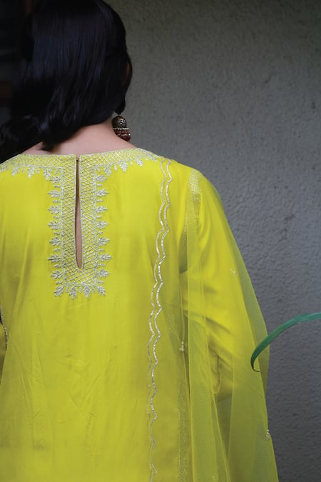 Shop Kyra By Bhavna Green Silk, Chanderi Gota Patti, Embroidery Round Straight Kurta Sharara Set at Aza Fashions Shop_Kyra By Bhavna_Green Silk, Chanderi Gota Patti, Embroidery Round Straight Kurta Sharara Set _at_Aza_Fashions