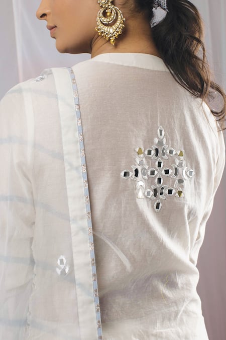 Shop Kyra By Bhavna Off White Chanderi, Organza Mirrors V-neck Embroidered Jacket Kurta Set at Aza Fashions Shop_Kyra By Bhavna_Off White Chanderi, Organza Mirrors V-neck Embroidered Jacket Kurta Set _at_Aza_Fashions