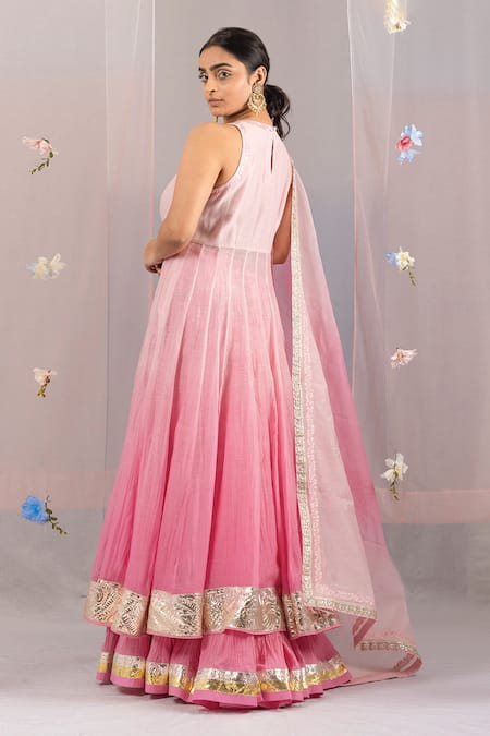 Shop Kyra By Bhavna Pink Chanderi, Cotton Embroidery, Gota Patti Boat Ombre Anarkali Sharara Set at Aza Fashions Shop_Kyra By Bhavna_Pink Chanderi, Cotton Embroidery, Gota Patti Boat Ombre Anarkali Sharara Set _at_Aza_Fashions
