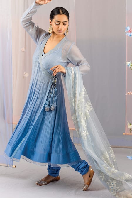 Shop Kyra By Bhavna Blue Organza, Chanderi, Modal, Linen Embroidery, Pearls Ombre Angrakha Set at Aza Fashions Shop_Kyra By Bhavna_Blue Organza, Chanderi, Modal, Linen Embroidery, Pearls Ombre Angrakha Set _at_Aza_Fashions