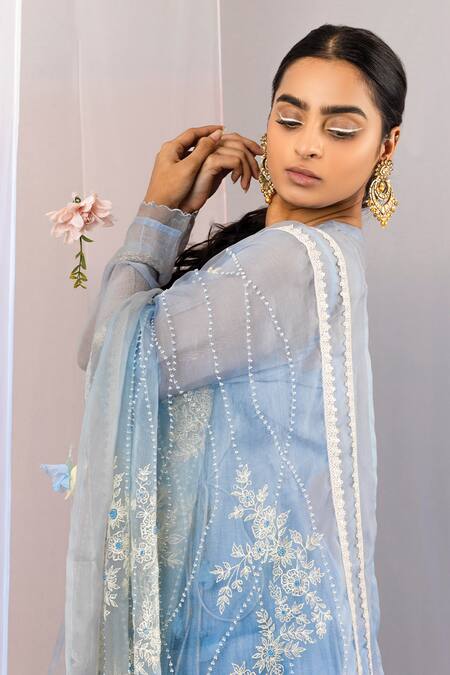 Kyra By Bhavna Blue Organza, Chanderi, Modal, Linen Embroidery, Pearls Ombre Angrakha Set Online at Aza Fashions Kyra By Bhavna_Blue Organza, Chanderi, Modal, Linen Embroidery, Pearls Ombre Angrakha Set _Online_at_Aza_Fashions