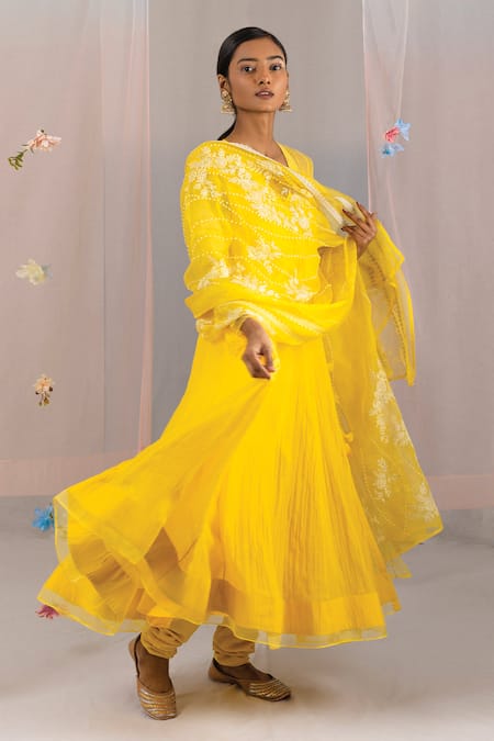 Shop Kyra By Bhavna Yellow Chanderi, Organza, Modal Embroidery, Pearls Angrakha Set With Dupatta at Aza Fashions Shop_Kyra By Bhavna_Yellow Chanderi, Organza, Modal Embroidery, Pearls Angrakha Set With Dupatta _at_Aza_Fashions