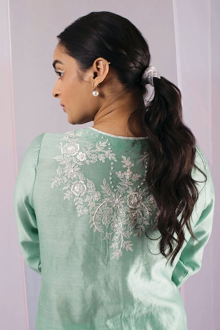 Shop Kyra By Bhavna Green Chanderi, Cotton, Organza Pearls, Embroidery Split V-neck Kurta Set at Aza Fashions Shop_Kyra By Bhavna_Green Chanderi, Cotton, Organza Pearls, Embroidery Split V-neck Kurta Set _at_Aza_Fashions