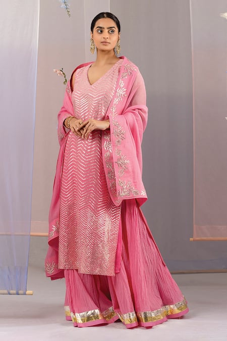 Kyra by Bhavna Pink Chanderi Embroidery Gota Leaf Neck Kurta Sharara Set 