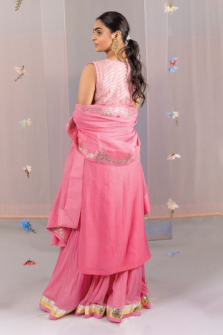 Shop Kyra By Bhavna Pink Chanderi, Cotton Embroidery, Gota Patti Round Neck Kurta Sharara Set at Aza Fashions Shop_Kyra By Bhavna_Pink Chanderi, Cotton Embroidery, Gota Patti Round Neck Kurta Sharara Set _at_Aza_Fashions
