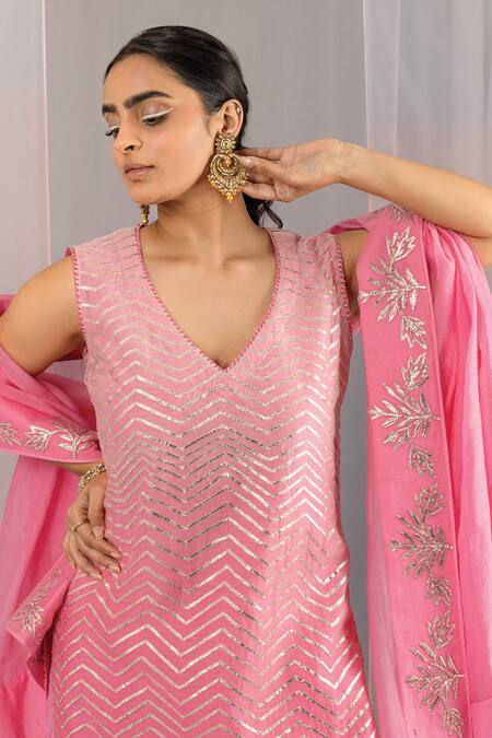 Kyra By Bhavna Pink Chanderi, Cotton Embroidery, Gota Patti Round Neck Kurta Sharara Set Online at Aza Fashions Kyra By Bhavna_Pink Chanderi, Cotton Embroidery, Gota Patti Round Neck Kurta Sharara Set _Online_at_Aza_Fashions