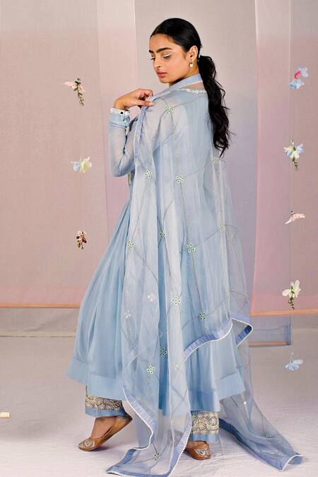 Shop Kyra By Bhavna Blue Georgette, Organza, Chanderi, Linen Mirrors, Thread Anarkali Set at Aza Fashions Shop_Kyra By Bhavna_Blue Georgette, Organza, Chanderi, Linen Mirrors, Thread Anarkali Set _at_Aza_Fashions
