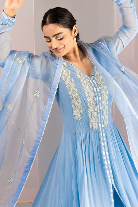 Kyra By Bhavna Blue Georgette, Organza, Chanderi, Linen Mirrors, Thread Anarkali Set Online at Aza Fashions Kyra By Bhavna_Blue Georgette, Organza, Chanderi, Linen Mirrors, Thread Anarkali Set _Online_at_Aza_Fashions