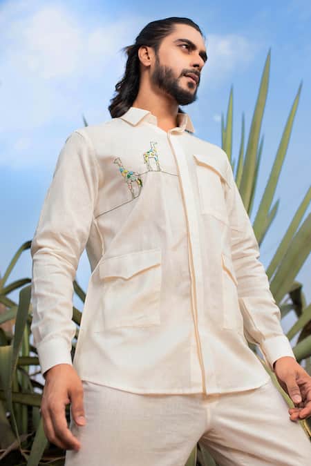 Buy Runit Gupta White Cotton, Linen Cut Work Placed Giraffe Embroidered Shirt Online at Aza Fashions Buy_Runit Gupta_White Cotton, Linen Cut Work Placed Giraffe Embroidered Shirt _Online_at_Aza_Fashions