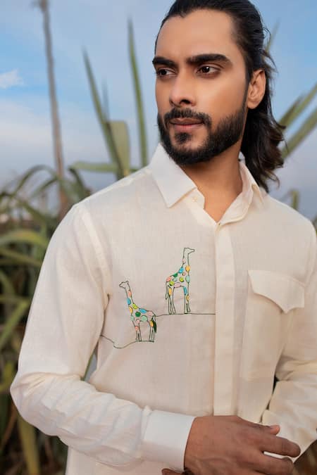 Shop Runit Gupta White Cotton, Linen Cut Work Placed Giraffe Embroidered Shirt Online at Aza Fashions Shop_Runit Gupta_White Cotton, Linen Cut Work Placed Giraffe Embroidered Shirt _Online_at_Aza_Fashions