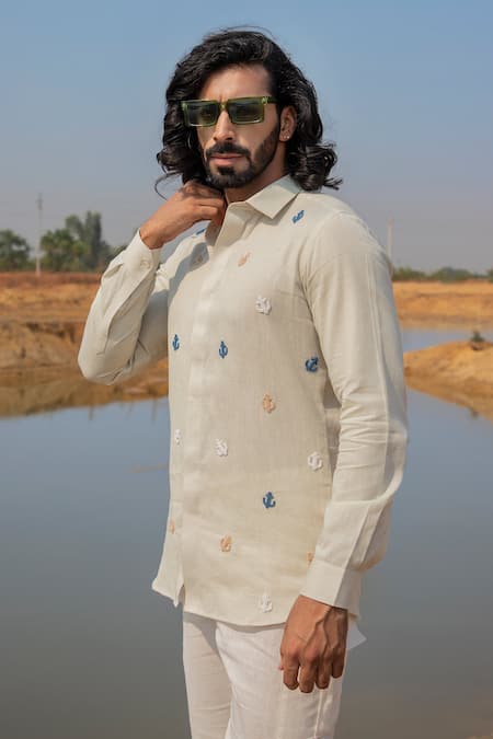 Shop_Runit Gupta_White Cotton, Linen Cut Work Cutdana Anchor Embroidered Shirt _at_Aza_Fashions