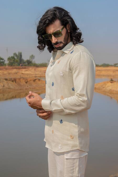 Runit Gupta_White Cotton, Linen Cut Work Cutdana Anchor Embroidered Shirt _Online_at_Aza_Fashions