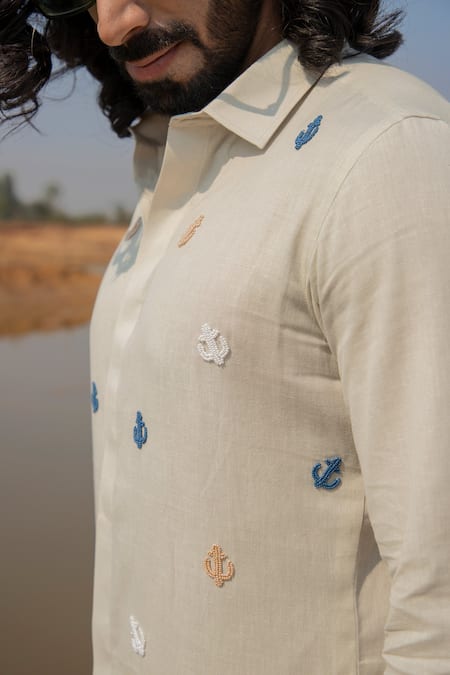 Buy_Runit Gupta_White Cotton, Linen Cut Work Cutdana Anchor Embroidered Shirt _Online_at_Aza_Fashions