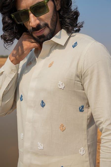 Shop_Runit Gupta_White Cotton, Linen Cut Work Cutdana Anchor Embroidered Shirt _Online_at_Aza_Fashions