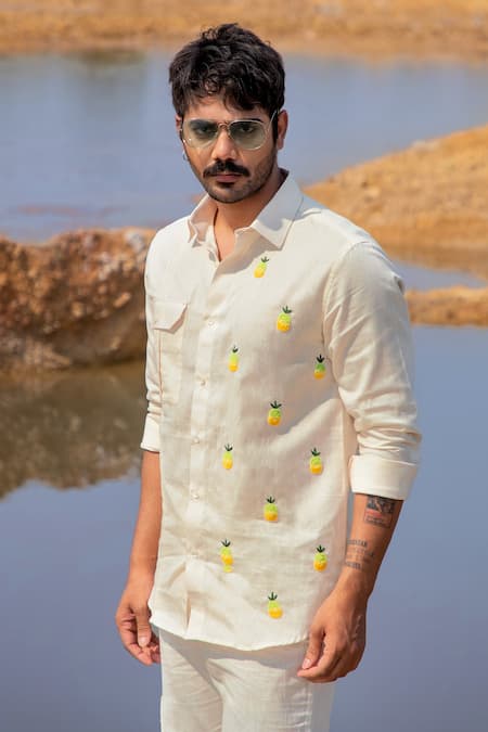 Runit Gupta Yellow Cotton Linen Embroidered Cutdana Pineapple Panel Shirt 