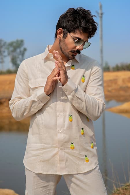 Runit Gupta Yellow Cotton, Linen Cut Work, Embroidery Pineapple Cutdana Panel Shirt Online at Aza Fashions Runit Gupta_Yellow Cotton, Linen Cut Work, Embroidery Pineapple Cutdana Panel Shirt _Online_at_Aza_Fashions