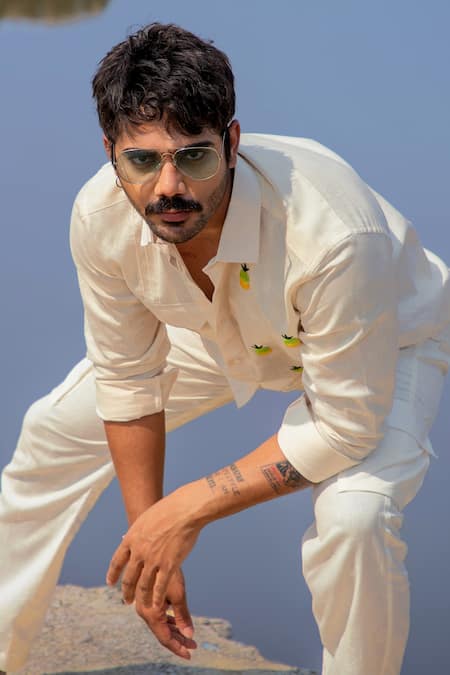 Shop Runit Gupta Yellow Cotton, Linen Cut Work, Embroidery Pineapple Cutdana Panel Shirt Online at Aza Fashions Shop_Runit Gupta_Yellow Cotton, Linen Cut Work, Embroidery Pineapple Cutdana Panel Shirt _Online_at_Aza_Fashions