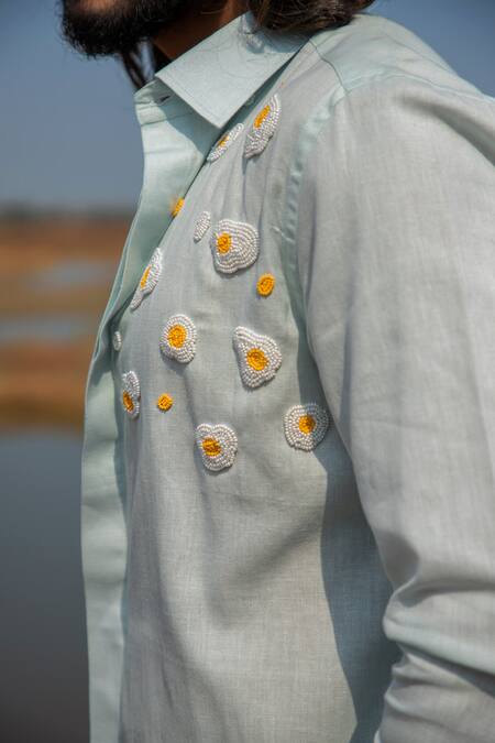 Runit Gupta Blue Cotton, Linen Embroidery Omelette Placement Shirt Online at Aza Fashions Runit Gupta_Blue Cotton, Linen Embroidery Omelette Placement Shirt _Online_at_Aza_Fashions