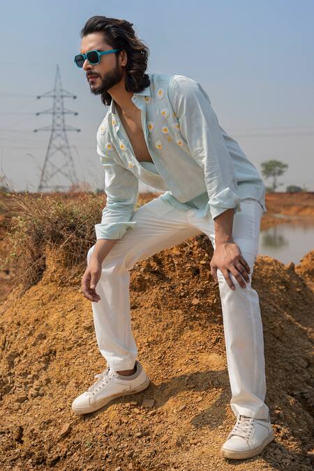 Buy Runit Gupta Blue Cotton, Linen Embroidery Omelette Placement Shirt Online at Aza Fashions Buy_Runit Gupta_Blue Cotton, Linen Embroidery Omelette Placement Shirt _Online_at_Aza_Fashions