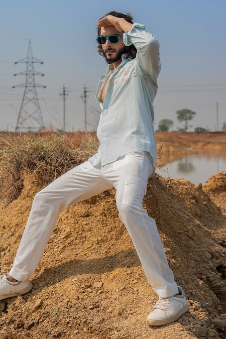 Shop Runit Gupta Blue Cotton, Linen Embroidery Omelette Placement Shirt Online at Aza Fashions Shop_Runit Gupta_Blue Cotton, Linen Embroidery Omelette Placement Shirt _Online_at_Aza_Fashions