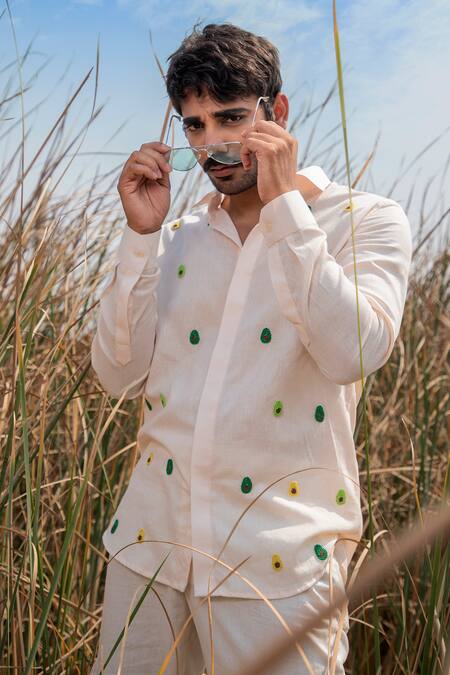 Runit Gupta_Pink Cotton, Linen Cut Work, Embroidery Avocado Shirt _Online_at_Aza_Fashions