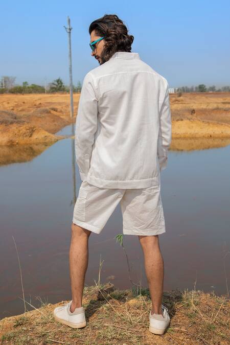 Shop_Runit Gupta_White Cotton, Linen Blue Dyed Panel Shirt _at_Aza_Fashions