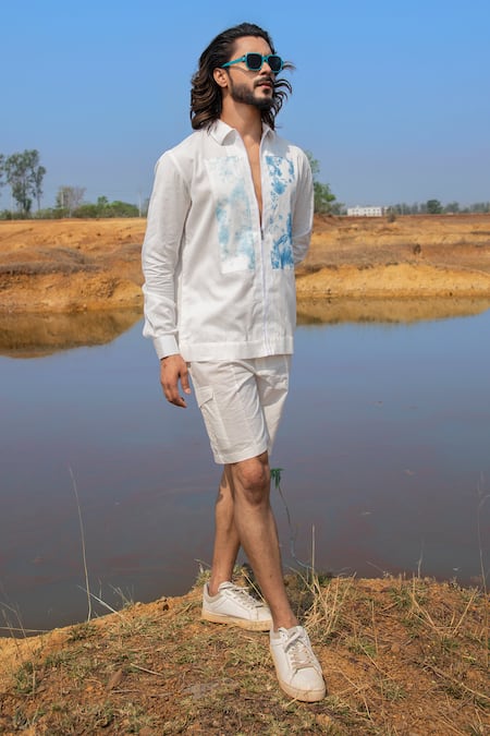 Runit Gupta_White Cotton, Linen Blue Dyed Panel Shirt _Online_at_Aza_Fashions