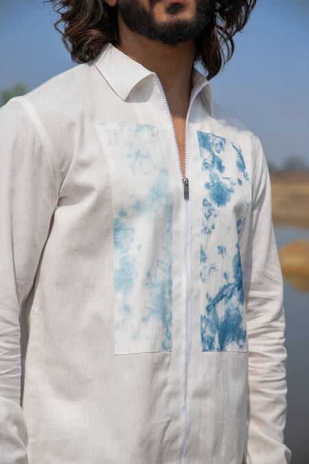 Buy_Runit Gupta_White Cotton, Linen Blue Dyed Panel Shirt _Online_at_Aza_Fashions